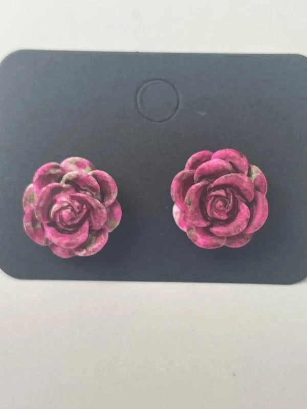 Boucles d’oreilles grande rose fuchsia et vert